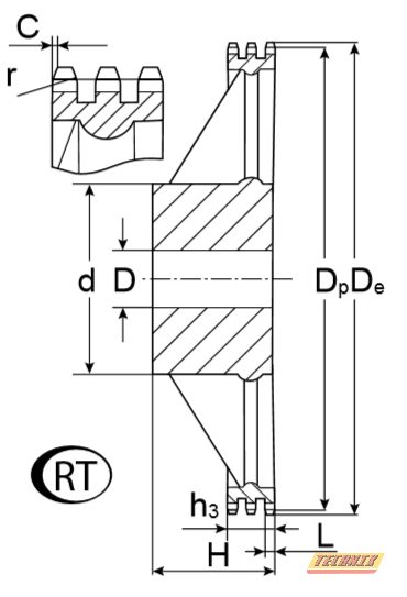 Звездочка со ступицей (чугун) под расточку для цепи: 16B-3, Z=76, 1" x 17,02 mm RT12076 TECHNIX