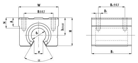 Линейный подшипник в сборе с корпусом SBR16-UU TECHNIX (чертёж)