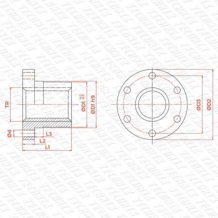Гайка трапецеидальная с фланцем бронзовая BFM 16-4-G (диаметр 16 мм, шаг 4 мм) левая резьба TECHNIX PRO