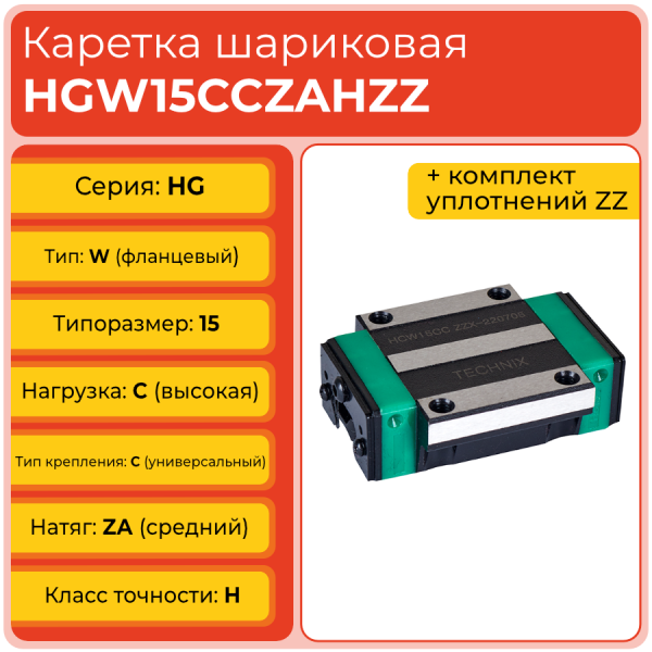 Линейная каретка HGW15CCZAHZZ шариковая высокой нагрузки TECHNIX Линейная каретка HGW15CCZAHZZ шариковая высокой нагрузки TECHNIX