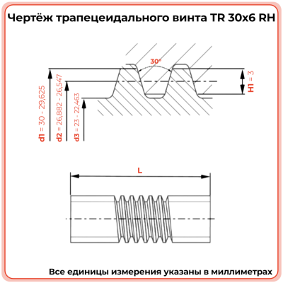 Трапецеидальный винт 30x6 TR правый (диаметр 30 мм, шаг 6 мм) С45 TECHNIX PRO