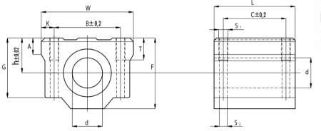 Линейный подшипник в сборе с корпусом SCS16-UU (SC16UU) TECHNIX (чертёж)