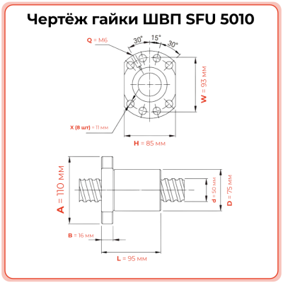 Гайка ШВП 5010 SFU (диаметр 50 мм, шаг 10 мм) 8 отверстий C7