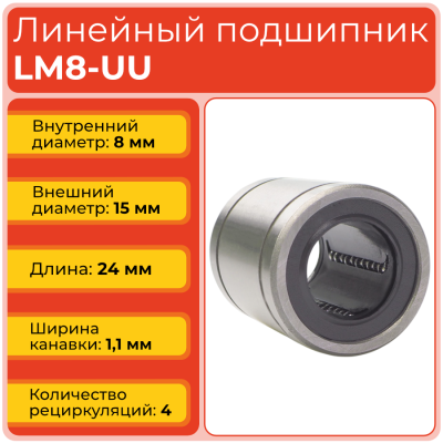 Линейный подшипник LM8-UU бесфланцевый закрытого типа