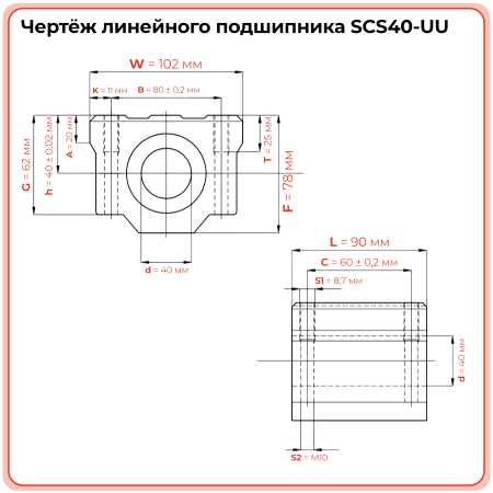 Линейный подшипник в сборе с корпусом SCS40-UU (SC40UU) TECHNIX