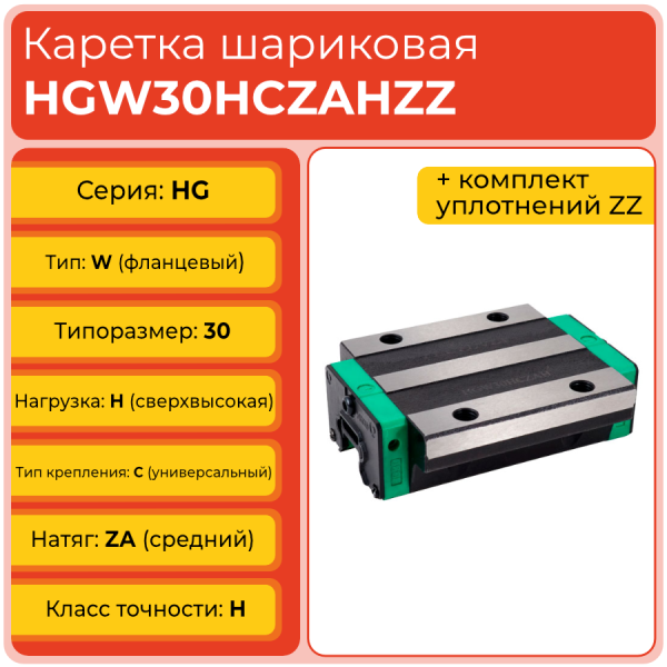 Линейная каретка HGW30HCZAHZZ (HCW30HCZAHZZ) шариковая высокой нагрузки TECHNIX Линейная каретка HGW30HCZAHZZ (HCW30HCZAHZZ) шариковая высокой нагрузки TECHNIX